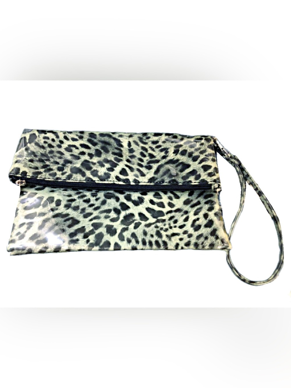 H&M Gray Leopard Print Fold Over Clutch/Purse with a Glossy Finish